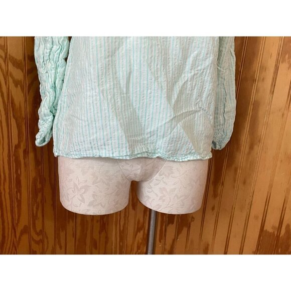 Massimo Dutti Blouse Pullover Top Off Shoulder Long Sleeve Teal Striped Sz US 8 - Picture 4 of 7